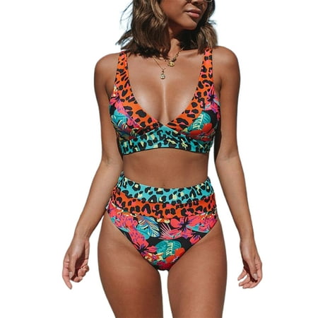 Arvbitana Women s Swimwear 2 Pcs Bikini Floral Set Color Block Swimsuit Spaghetti Strap Bandage Bra + Shorts Bathing Suit S-XL