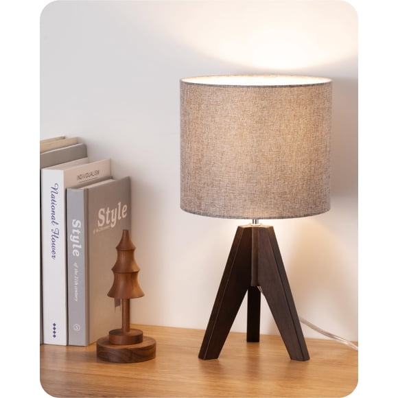 Lámpara de Mesa EDISHINE de Madera Nogal con Trípode y Pantalla de Lino 36 cm