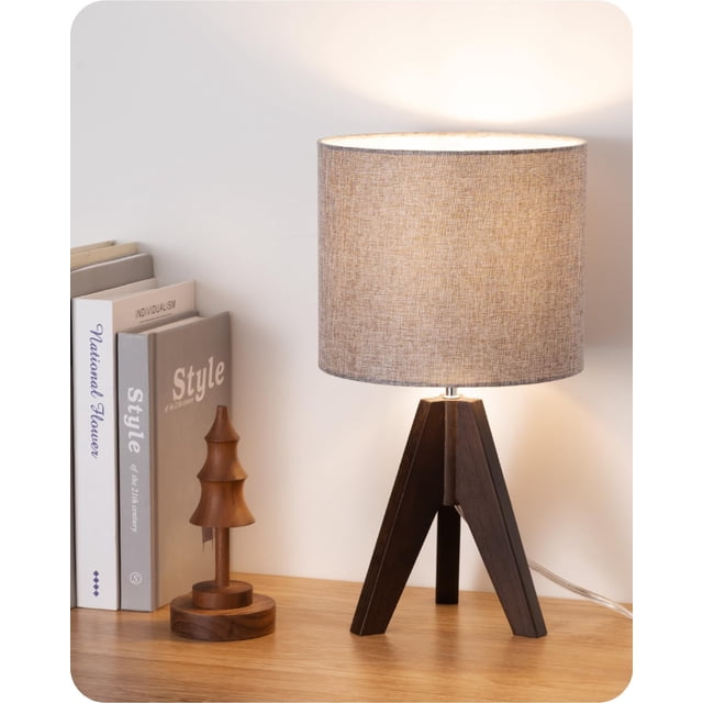 Lámpara de Mesa EDISHINE de Madera Nogal con Trípode y Pantalla de Lino 36 cm