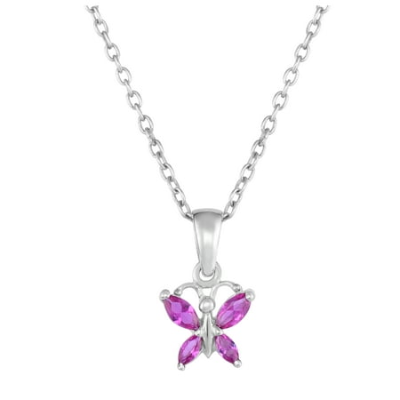 Tilo Jewelry 925 Sterling Silver Tiny Butterfly Pink CZ Birthstone Pendant Necklace for Women & Unisex | July-Ruby | 18 Inch