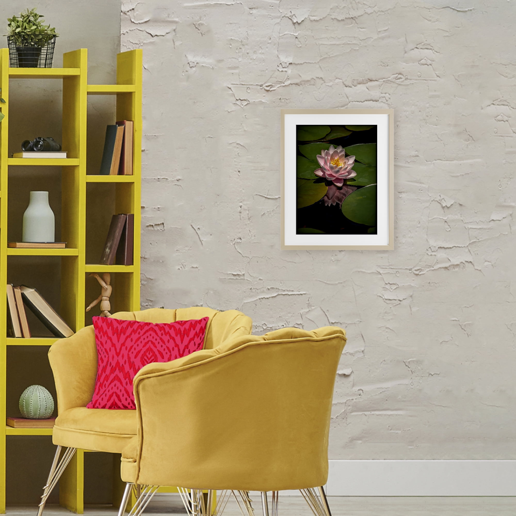 Pink Lotus Among Lily Pads Birch Framed Print Under Glass, design by Phillip Flowers