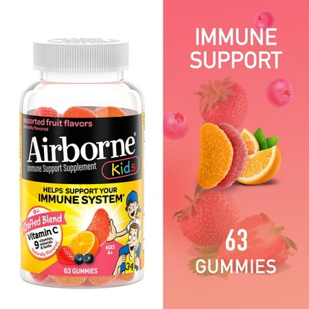 Airborne Kids Assorted Fruit Flavored Gummies, 63 count, 500mg of Vitamin C and Minerals & Herbs Immune Support