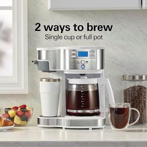 2-Way Programmable Coffee Maker, 12 Cup Glass Carafe And Single Serve Coffee Maker, White with Stainless Steel Accents, 49933