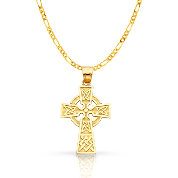 14K Yellow Gold Celtic Cross Pendant with 1.9mm Figaro 3 1 Chain Chain Necklace
