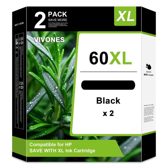 60XL Ink Cartridges Combo Pack Compatible for HP60XL Ink Cartridge Work with DeskJet D1660 D2530 ENVY 100 110 111 PhotoSmart C4635 C4640 Printers (2 Black)