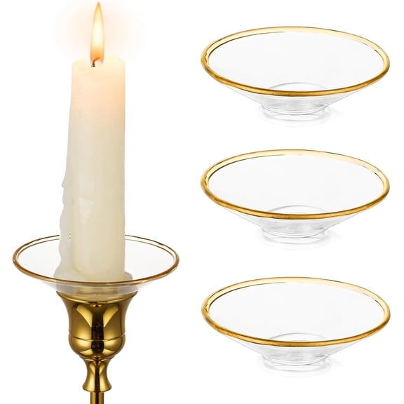Glass Bobeches for Candlestick Holders, 3 PCS Candle Drip Protectors Candle Rings for Tapers, Candle Drip Catcher for Candle Stick Candle Holder for Wedding Party Church Home (Round, Gold Rim)