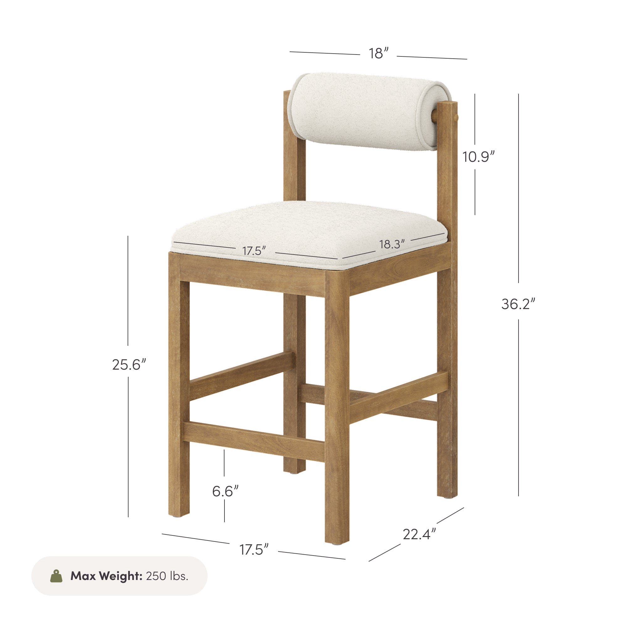 Nathan James Kimberly Modern Counter Stool with Solid Wood Legs, Boucle Upholstered Counter Height Stool with Bolster Back, Cream Boucle/Light Brown