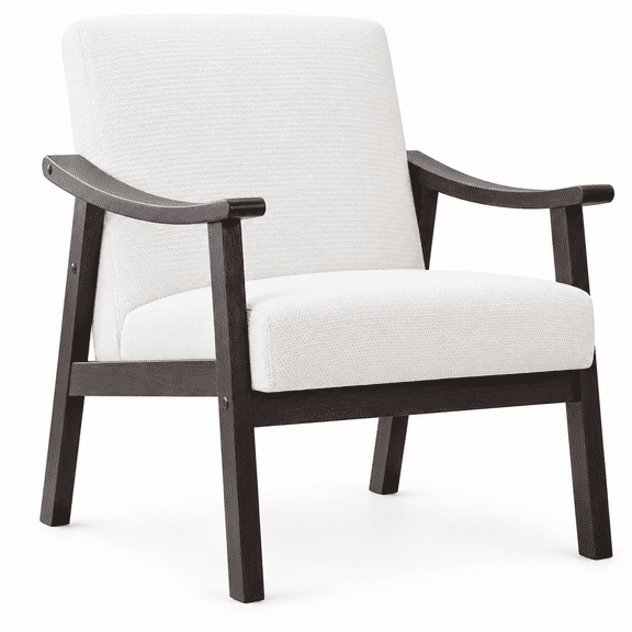 PAPROOS Accent Chair for Living Room, Mid-Century Modern Upholstered Reading Armchair with Solid Wood Arms, Comfy Bedroom Lounge Chair, White