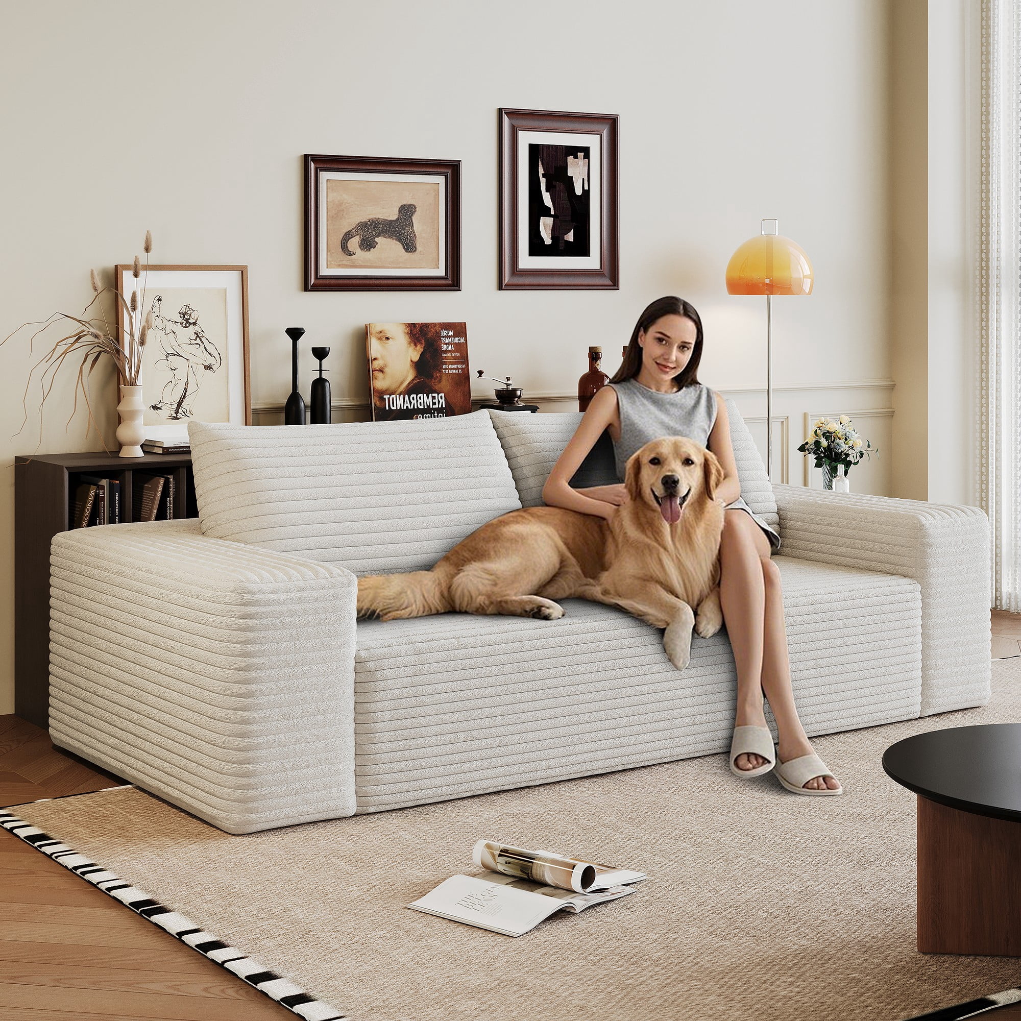 71" Corduroy Deep Seat 3 Seatser Sofa, No Assembly Comfy Couch for Living Room Bedroom Apartment, White