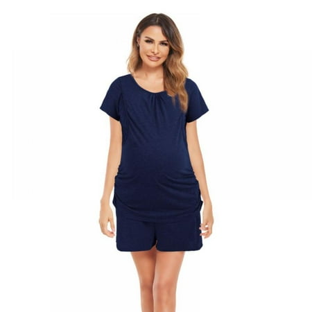 

Monfince Women Maternity Nightwear Short Sleeve Shirt and Shorts Pajama Set O Neck Sleepwear Purple XL