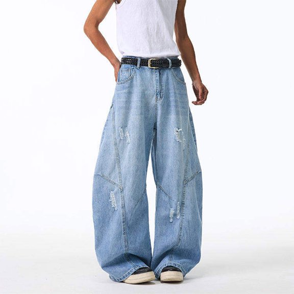 Wide Leg Jeans Man Plus Size Solid Color Vintage Outdoor Fashion Casual Pockets Jeans Cargo Pants