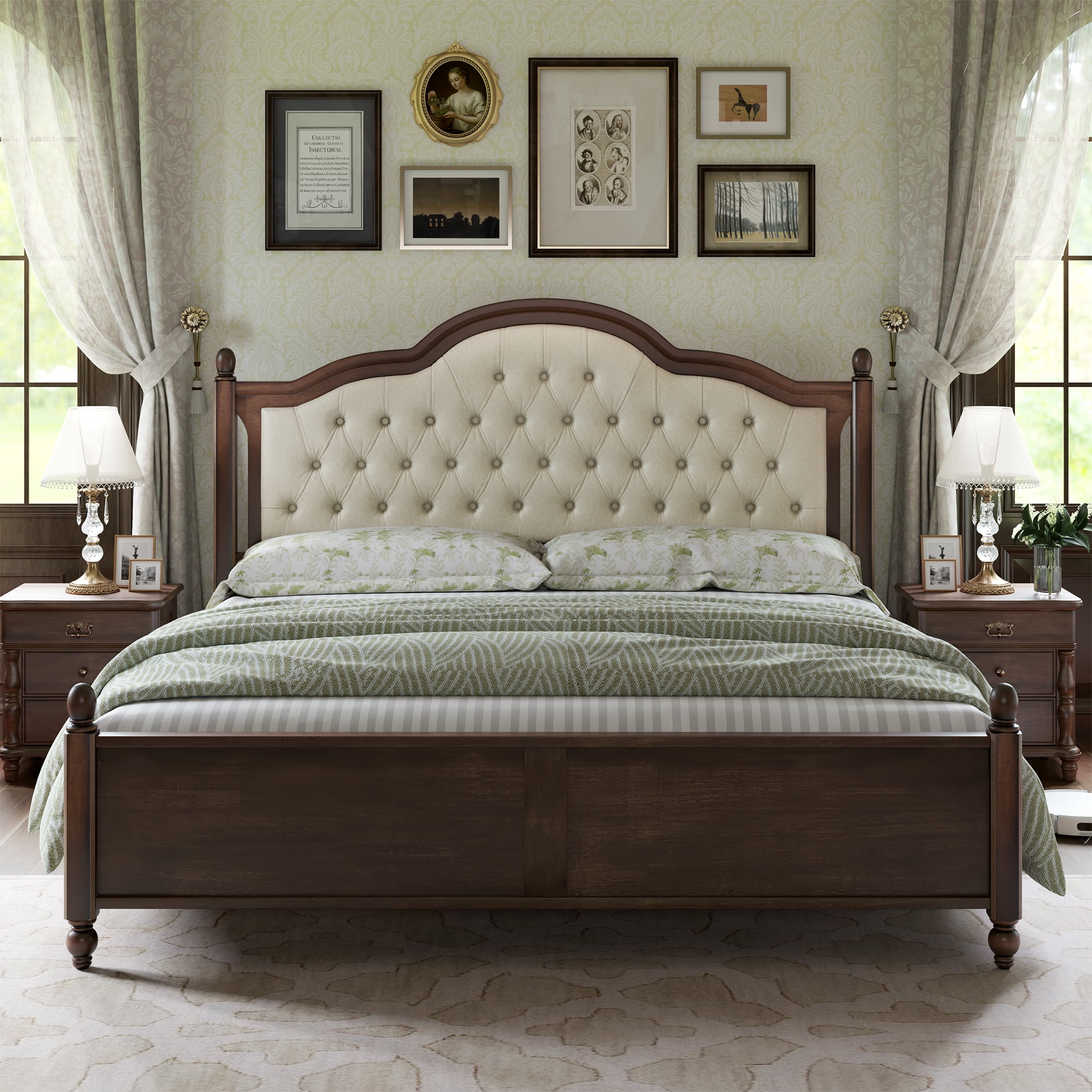 VANACC Queen Wood Bed Frame with 52.5" Upholstered Headboard, Wood Slat Support, No Box Spring
