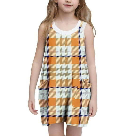 KyCheLot Girls Casual Tank Dresses Soft Loose Plaid Sleeveless Mini Dress Summer Dress with Pockets 5-14 Years