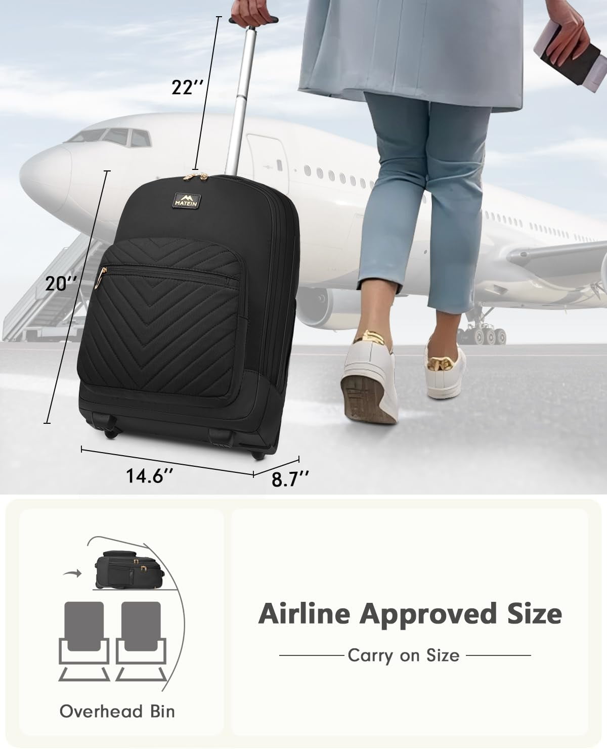 Matein Wheeled Backpack for Women - 17" Waterproof Laptop Bag, Business Travel Carry-On (Black)