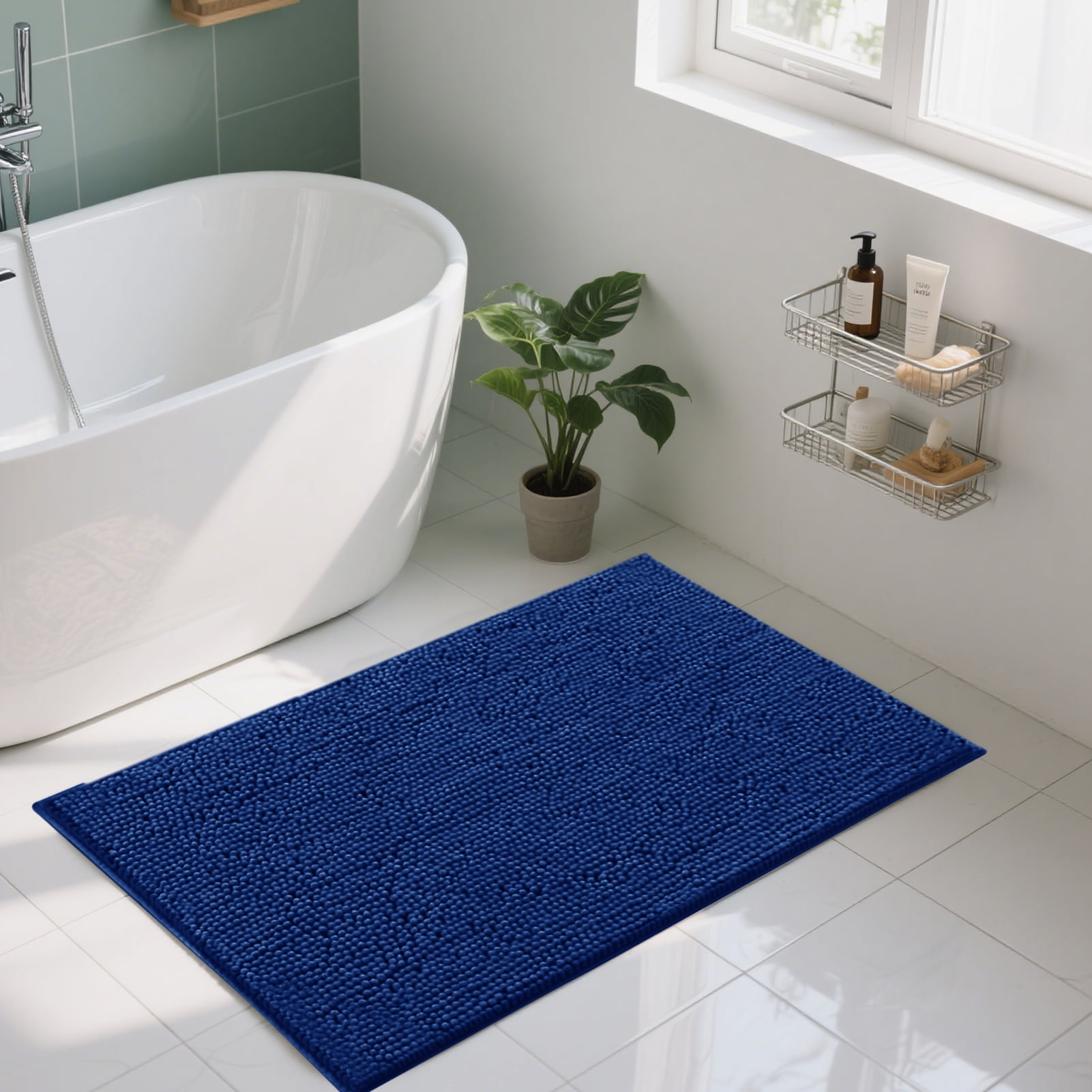 3 Pieces Bath Mat Set, Soft Chenille Bathroom Rugs Mat, Absorbent Spa Shaggy Bath Rugs Set, Machine Washable & Non Slip Bath Mats for Bathroom, Tub, Shower（Blue）