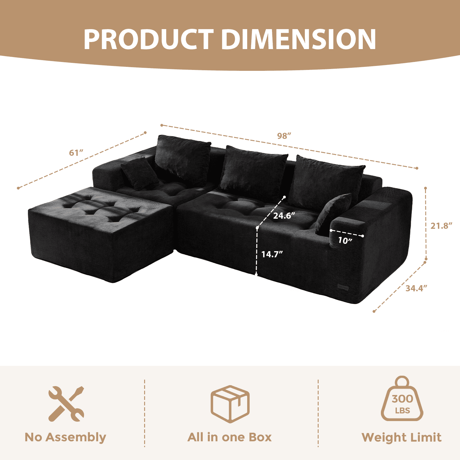 BYBYME Cloud Sectional Couch with L-Shape Chaise Modern Comfy Modular Chenille Sofa for Living Room,Tufted 4-Seat Sleeper Chair with 1 Ottoman,Sofa in A Box,No Assembly Required,Black