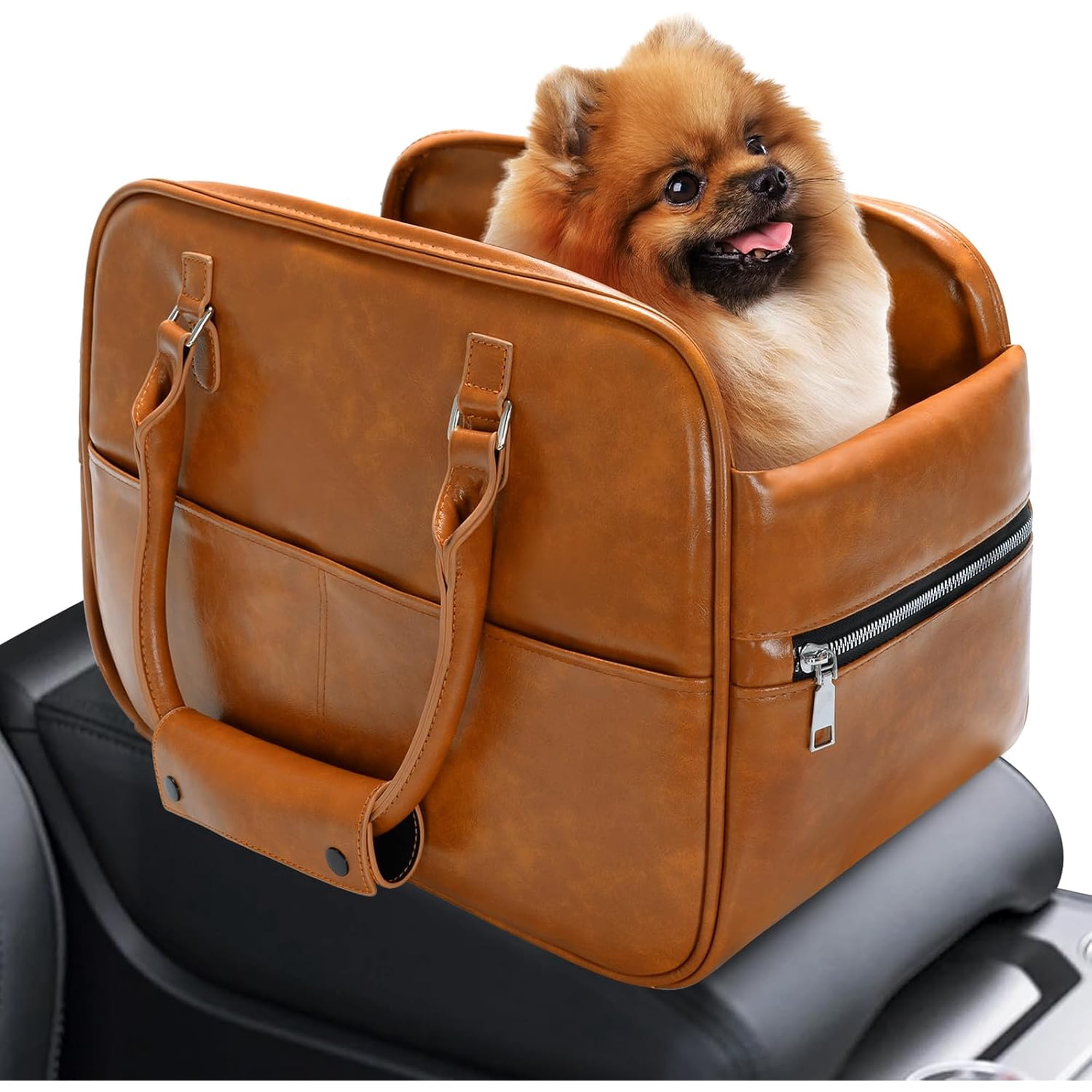 Center Console Dog Car Seat for Small Dog Cat, Luxury Vegan Leather Pet Booster Seat with Safety Leash, Portable Puppy Pet Carrier Soft-Sided Seats Up to 11lbs (Brown)