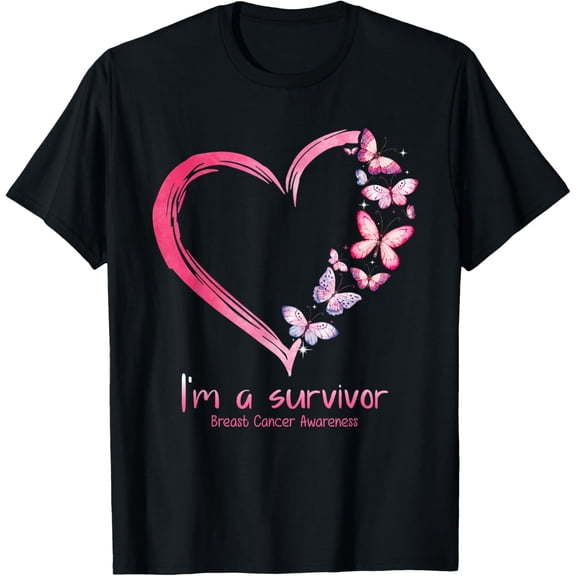 t-shirt Pink Butterfly Heart I'm A Survivor Breast Cancer Awareness T-Shirt mens,black,women,funny,men,journey,Crew Neck, Short Sleeve,printing