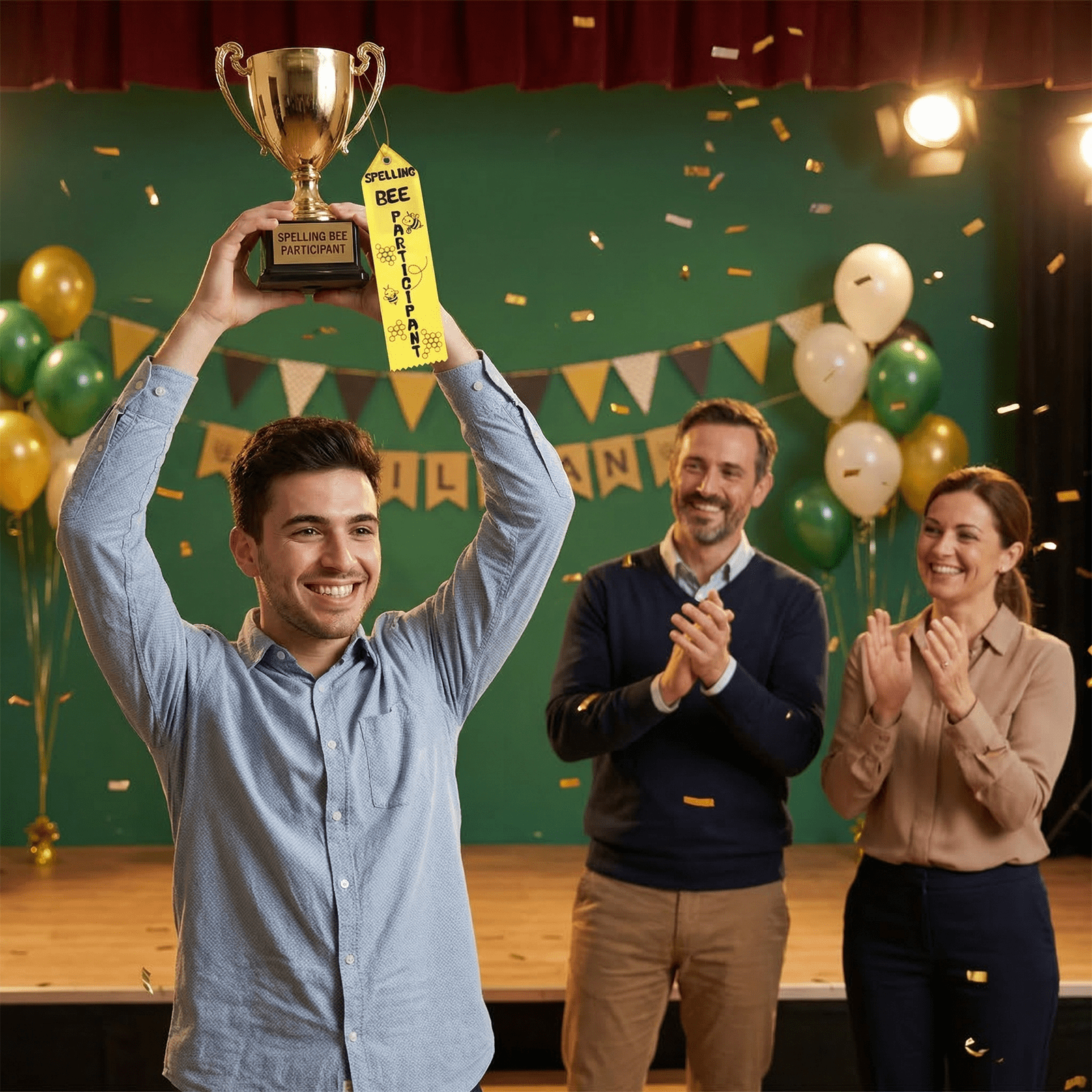 100Pcs Spelling Contest Reward Ribbons, Yellow Bee Theme with Matching Cards and Lanyards, Cute Eye-Catching Participant Ribbons for Contest Rewards Display and Gifting