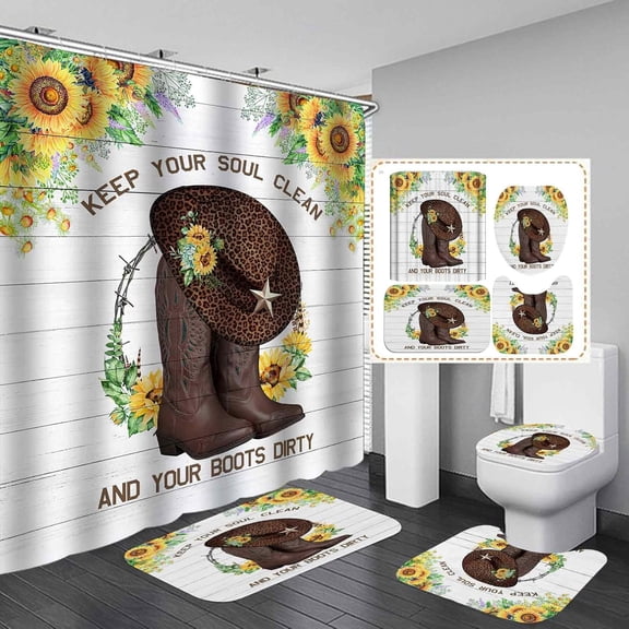 4PCS Western Cowboy Riding Horse Shower Curtain Set, Vintage Wild West Texas Ranch Country Rustic Farmhouse Bathroom Decor, Brown Shower Curtain, Non-Slip Bath Mat Toilet Rug, Life is A Rodeo