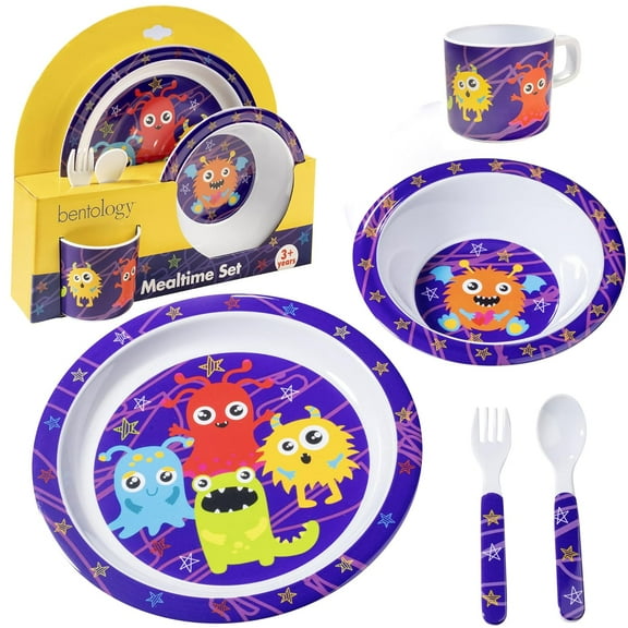 Bentology 5 Pc Mealtime Feeding Set for Kids and Toddlers - Monster - Includes Plate, Bowl, Cup, Fork and Spoon Utensil Flatware - Durable, Dishwasher Safe, BPA Free