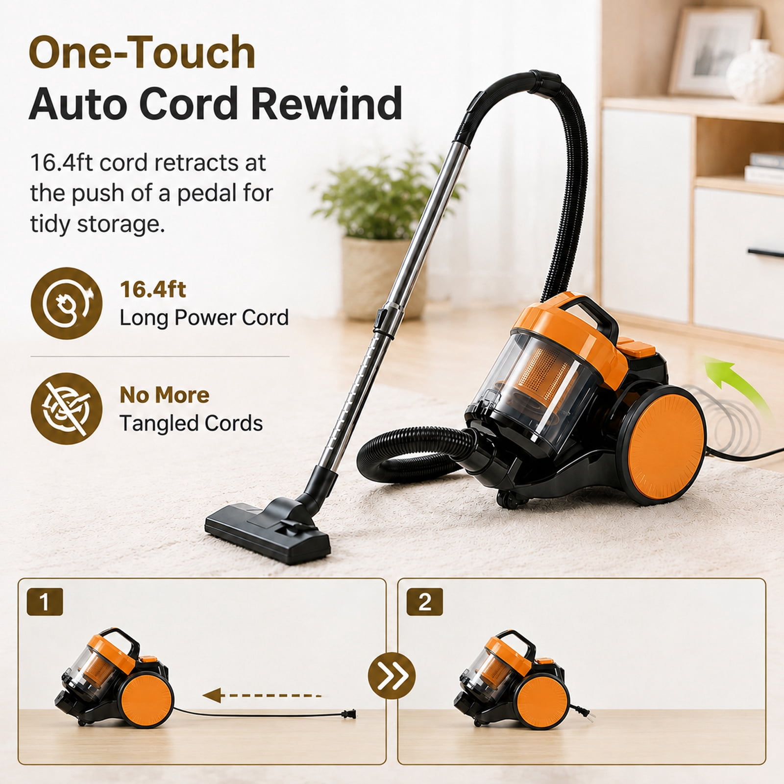 Alvantor Household Portable Vacuum Cleaner, 16Kpa Bagless Canister Cleaner, Lightweight Powerful Vacuum for Carpets and Hard Floors, 1.8L, with Washable HEPA Filter, Auto-Rewind