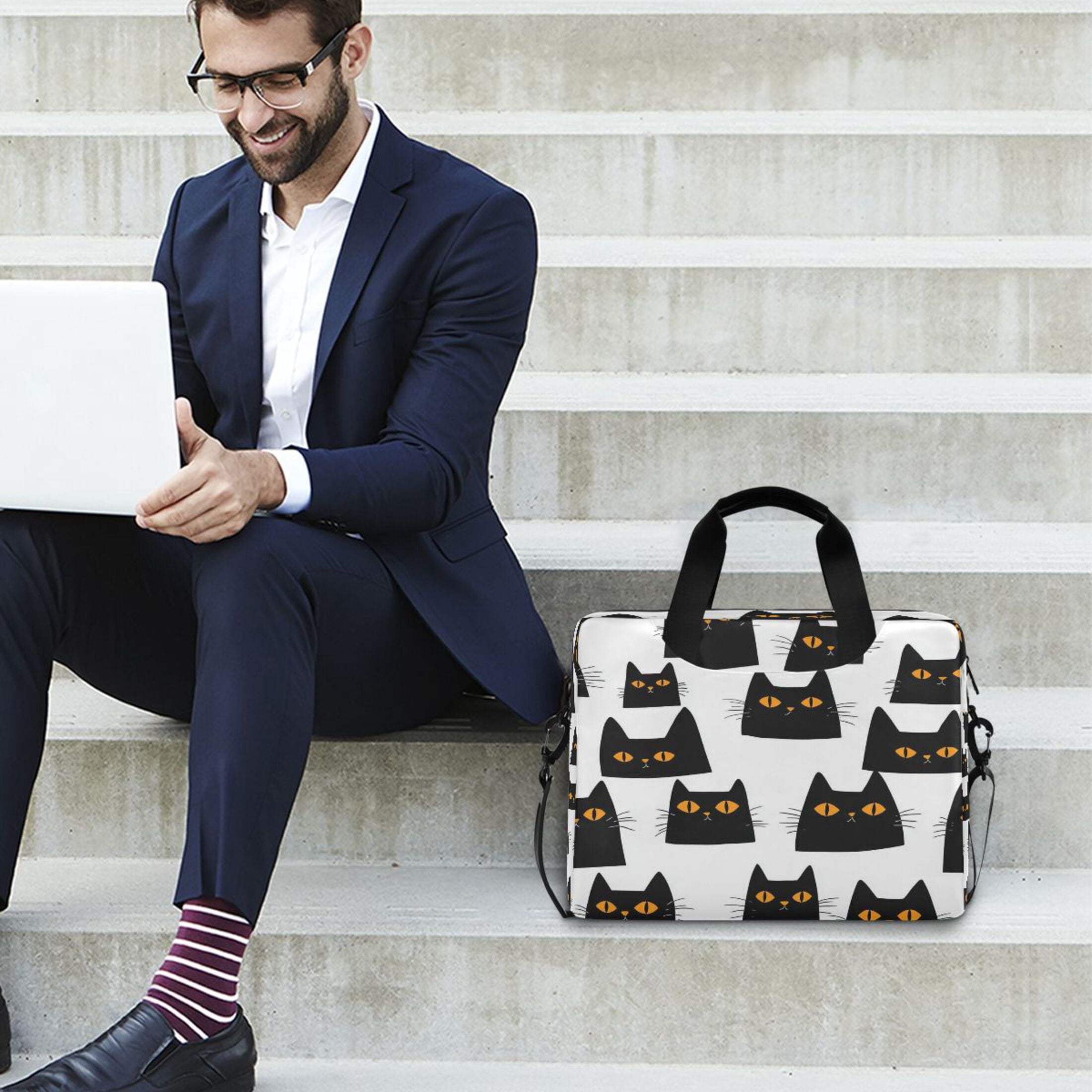 16" Laptop Tote Bag Laptop Sleeve Case Computer Briefcase for Work & Travel Black Cats with Orange Eyes