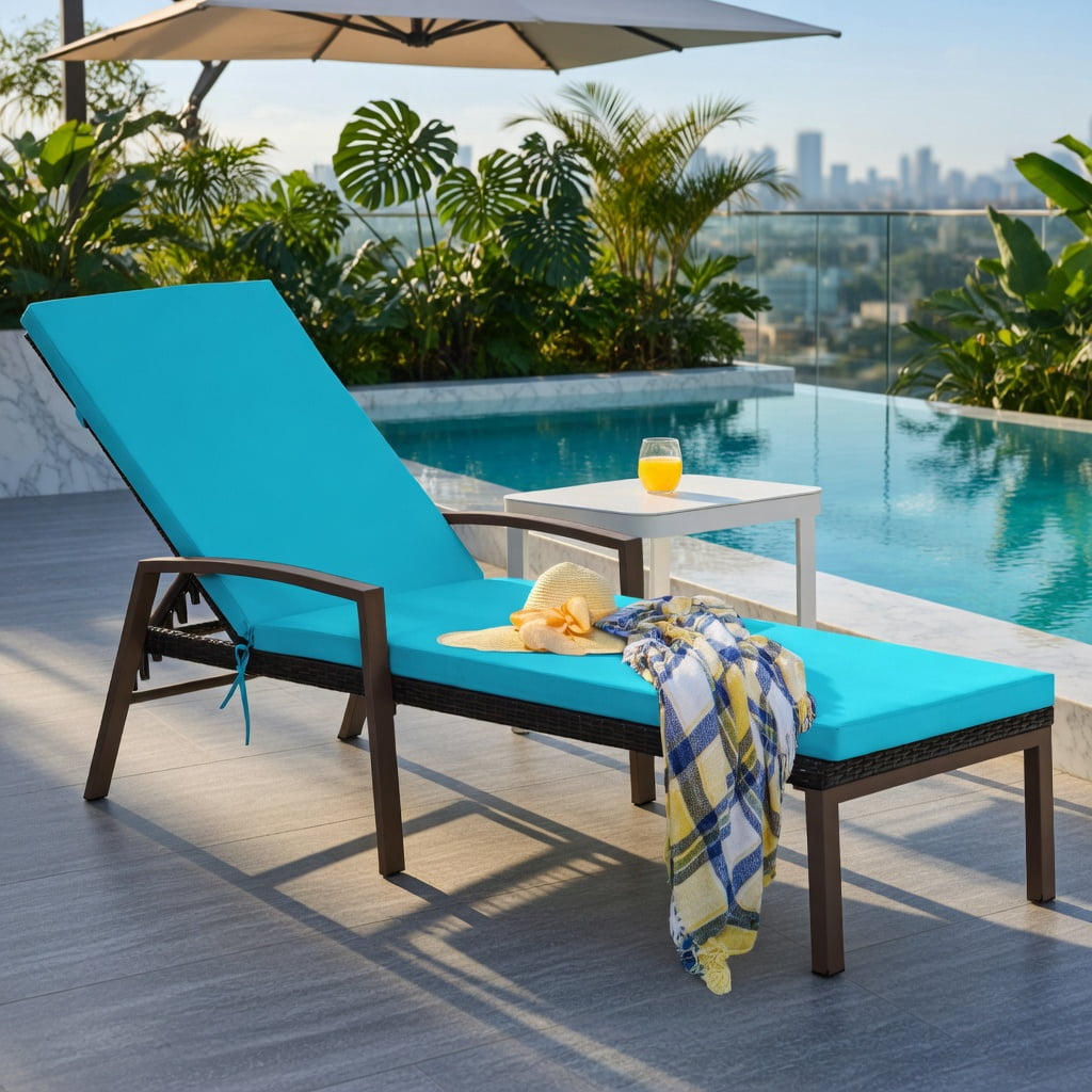 Hommoo Adjustable Outdoor Rattan Chaise Lounge Chair with Removable Cushion, Steel Frame, Weather-Resistant PE Wicker, 5-Position Reclining Backrest for Patio, Deck or Poolside, Turquoise