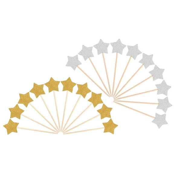 OUNONA 30pcs Glitter Paper Star Cake Toppers Twinkle Cake Decoration Party Ceremony Cupcake Toppers(Gold and Silver, 15pcs in each color)