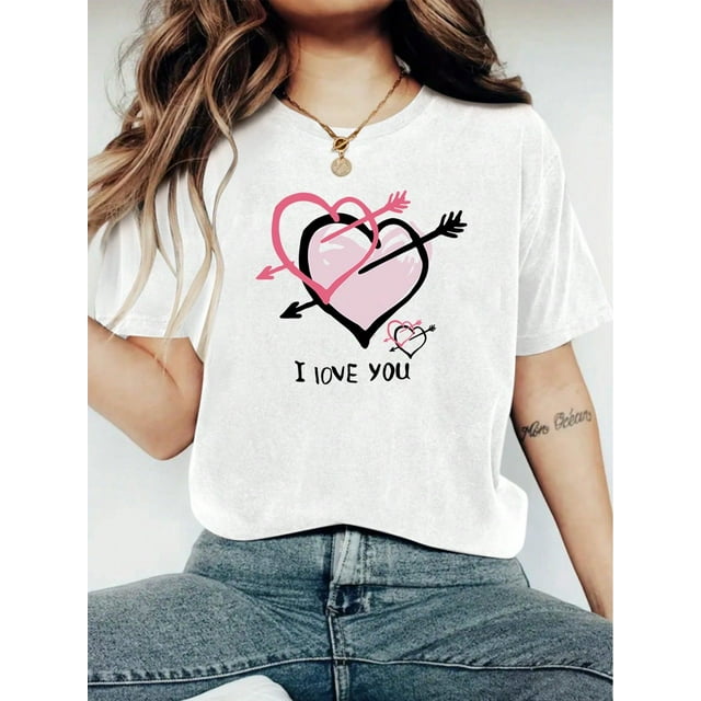Camisetas de manga casquillo para mujer, de moda de verano 2025, con estampado lindo, casual, sin mangas, de ajuste holgado, de manga cortaValentine's Day Women's Fashionable LOVE Print T-Shirt - Ca