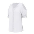 thumbnail image 3 of Craaazy Womens T Shirts Lace V Neck 3/4 Sleeve Solid Color Blouse Lace Patchwork Cold Shoulder Shirt Top Gifts For Women, 3 of 6