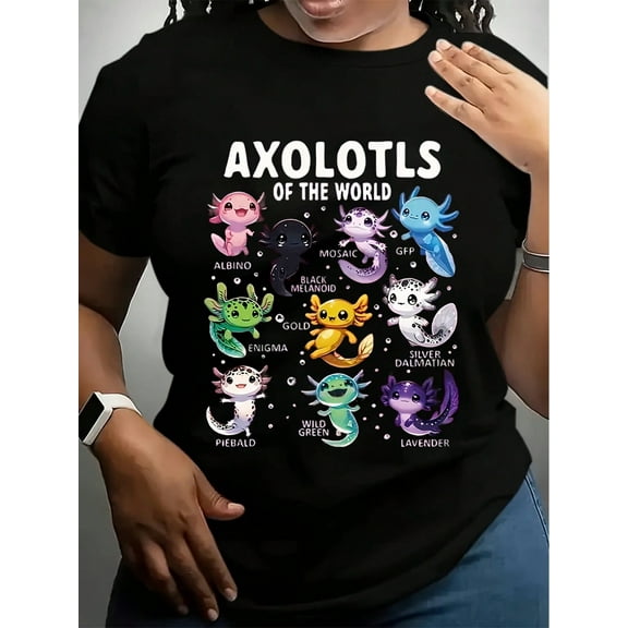 Women's Plus Size Cartoon Graphic T-Shirt - AXOLOTLS OF THE WORLD Design, Casual Crew Neck Short Sleeve Top, Soft Blend, Vibrant Pink With Playful Animal Illustrations, Perfect For Summer Outfi