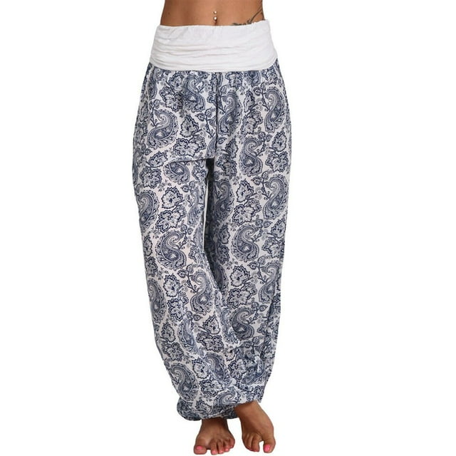 Women Casual Boho Print Pants Wide Leg Pants Loose Pocket Button Harem Pants