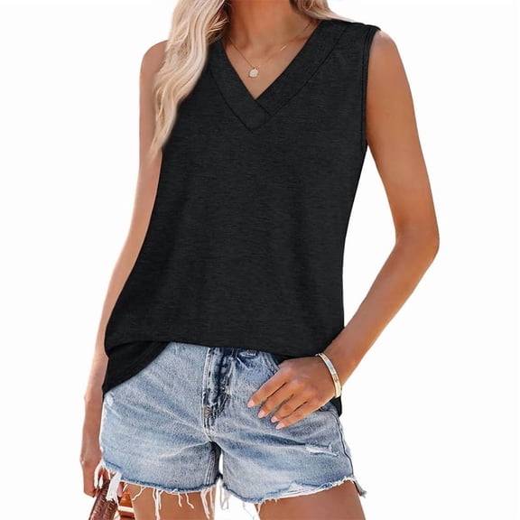 ZEHJUHAN Women's Solid Color V-Neck Sleeveless Tank Top - Basic Stretchy Summer Tee Black,S