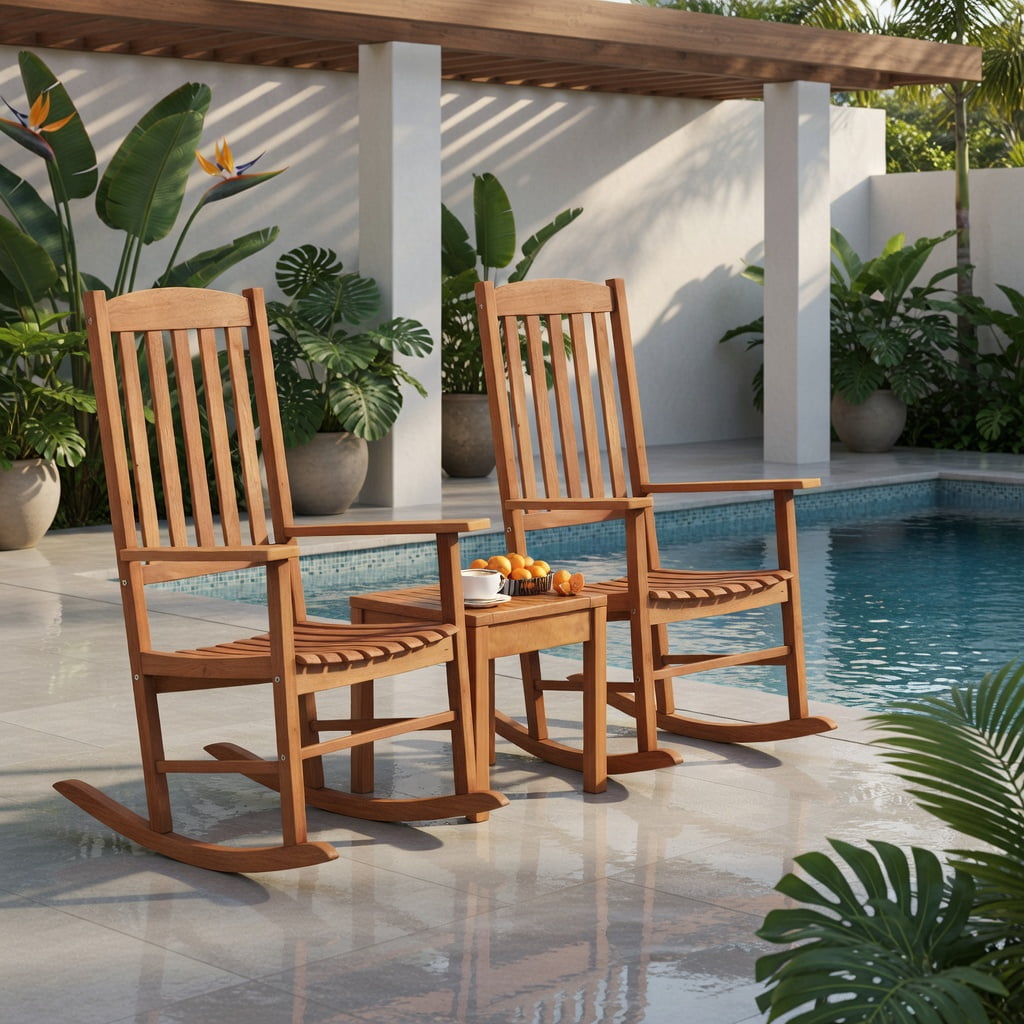 Hommoo Eucalyptus Wood Rocking Chair for Outdoor Use, Garden Rocker with Stable Rocking Base, Breathable Slatted Seat, Natural