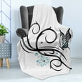 thumbnail image 4 of Tattoo Soft Flannel Fleece Blanket, Leaf Like Design Flowers and a Flying Butterfly Image Illustration Print, Cozy Plush for Indoor and Outdoor Use, 70" x 90", Blue Black and White, by Ambesonne, 4 of 5
