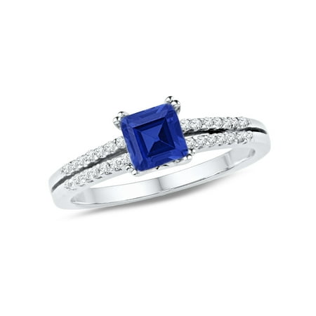 Ladies Lab Created Blue Sapphire 3/4 Carat (ctw) Ring in 10K White Gold with Diamonds 1/6 Carat
