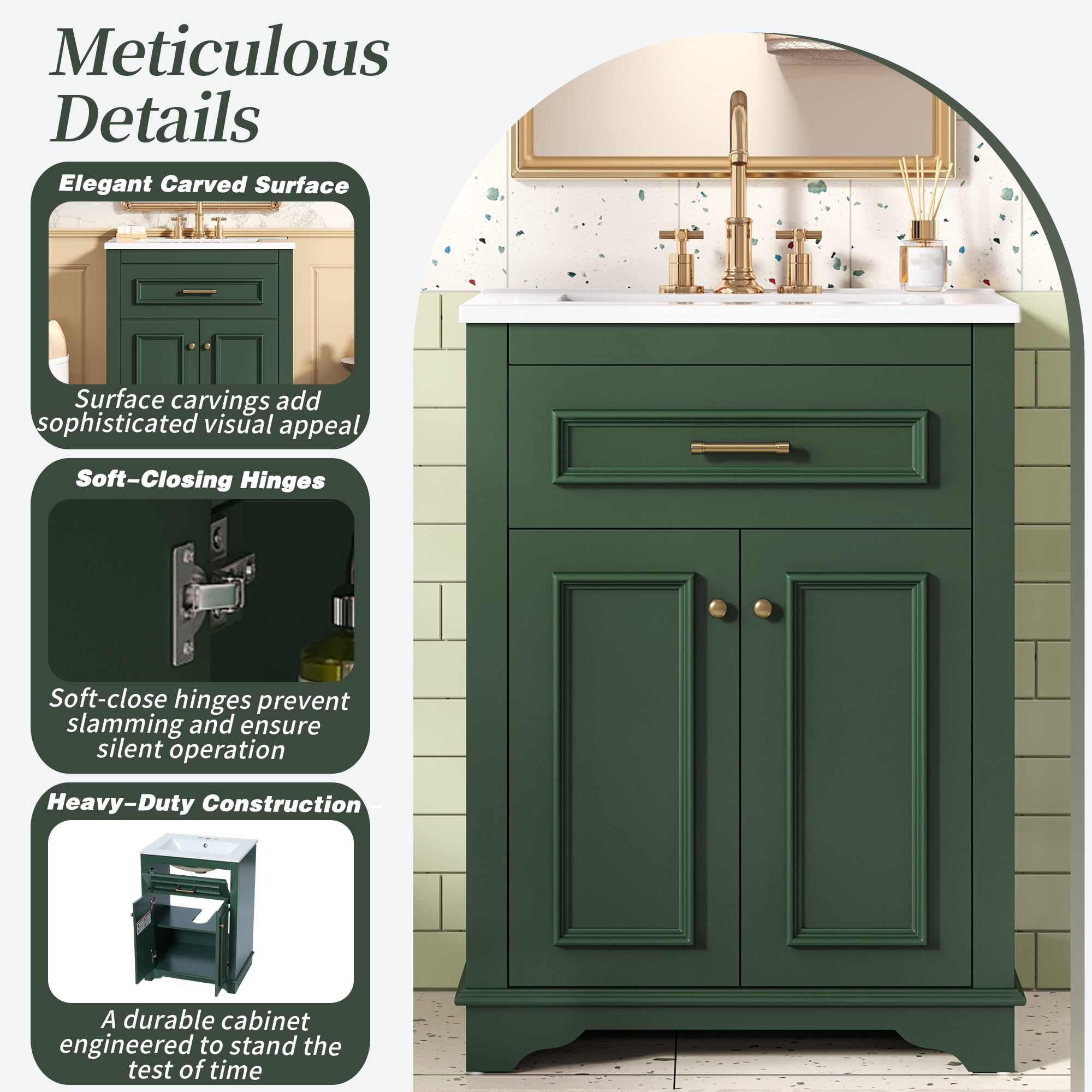 Euroco 24" Bathroom Vanity with Integrated Ceramic Sink, Bathroom Cabinet with 2 Doors, 1 Tip-Out Drawer, Single Sink Bathroom Vanity for Small and Medium Restroom, Green