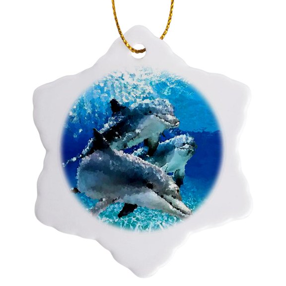 3drose, Dolphins, 3 inch Snowflake Porcelain Ornament