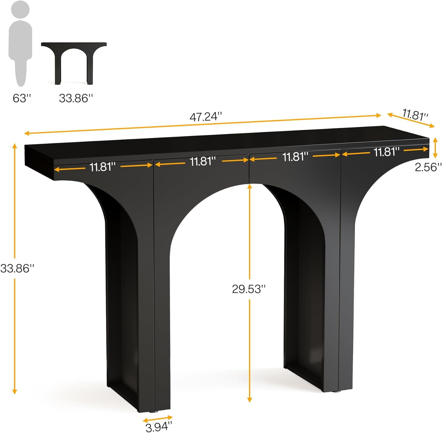 Finmind 47" Modern Hallway Console Table, Arch Base, Wood Entryway Table, Black