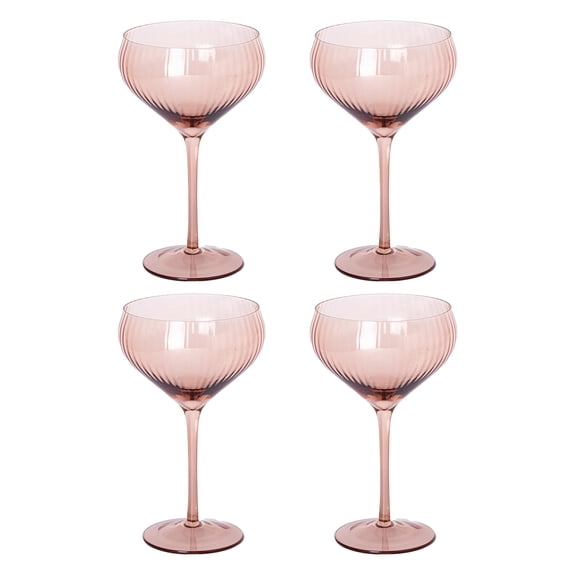 Mary Square Golden Rim 12 Ounce Durable Ribbed Glass Stemmed Coupe Champagne Wine Cocktail Drink Beverage Cup, Bar Cart Accessory, Everyday & Party Drinkware, Mauve Pink, Set of 4
