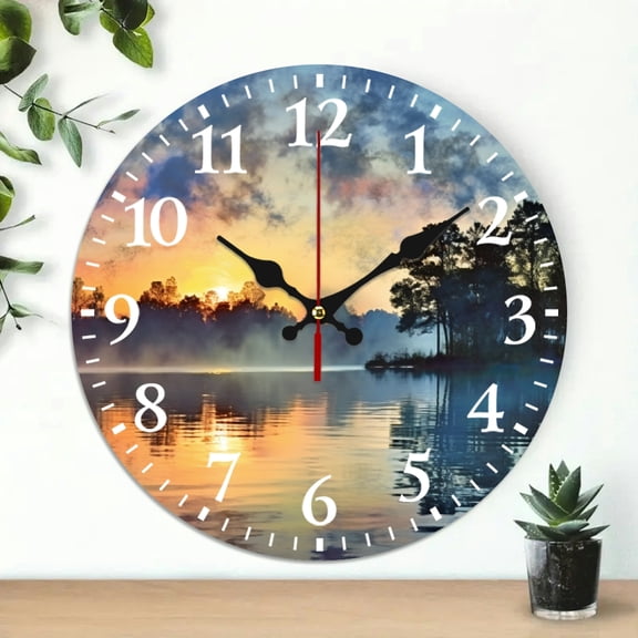 PRATYUS 10 Inch Wooden Wall Clock Sunset Print Battery Operated Silent 10x10in