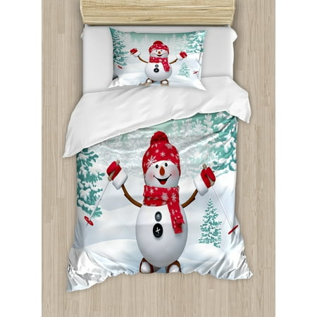 Mountain Twin Tip Skis Christmas Duvet Cover Set, Snow Covered Mountain with Fir Trees and Skiing Snowman Fun Holiday Activity, Decorative Bedding Set with Pillow Shams, Teal Red White, by Ambesonne ()