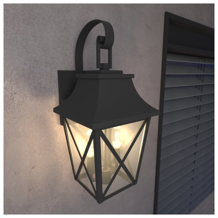 Black Outdoor Wall Lantern 2-Light,Large Outside Modern Wall Sconce Light Fixture,Industrial Porch Light Wall Mount with Glass,Waterproof Farmhouse Exterior Lamp Lighting (1 Pack)