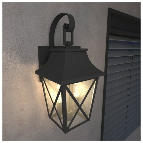 Black Outdoor Wall Lantern 2-Light,Large Outside Modern Wall Sconce Light Fixture,Industrial Porch Light Wall Mount with Glass,Waterproof Farmhouse Exterior Lamp Lighting (1 Pack)