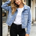 thumbnail image 5 of Women's Classic Cropped Denim Jacket Lapel Button Down Long Sleeve Jean Coat Vintage Wash Short Jean Jacket Casual Trucker Coat Blue, 5 of 9