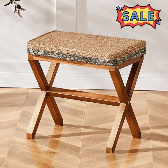 Tcbosik 16.5 inch Hand Weaving Seagrass Foot Stool, Natural Seagrass Footrest with Wood Legs for Small Space, Living Room, Hallway, Entryway, Natural Gray