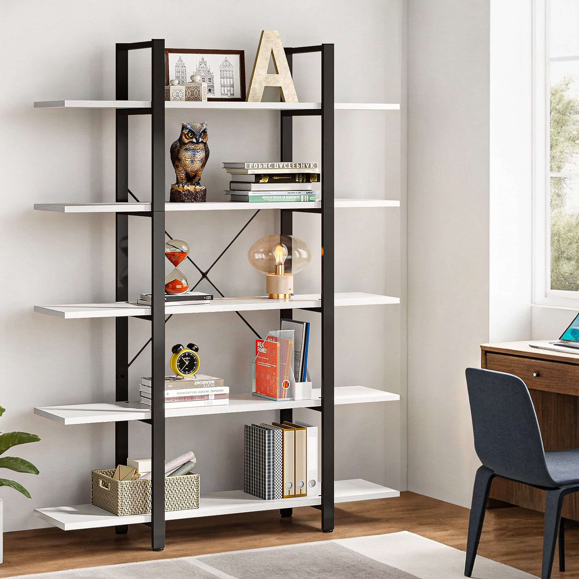 Demi Bonn 5 Tier Bookshelf, Bookshelves, Open Etagere Bookcase Shelf Storage Organizer, Free Standing Storage Shelving Unit for Bedroom, Living Room and Home Office, White & Black