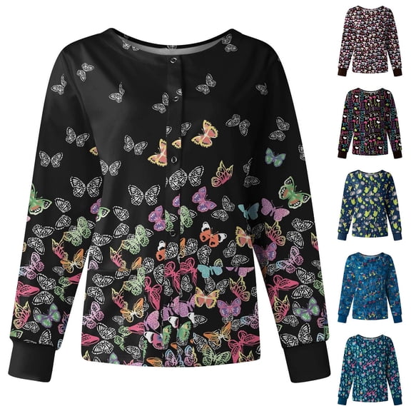Plus Size Printed Scrub Tops for Women Long Sleeve Button Down Nursing Workwear Crew Neck Scrub Outer Tops with Cuffs Blue 5XL