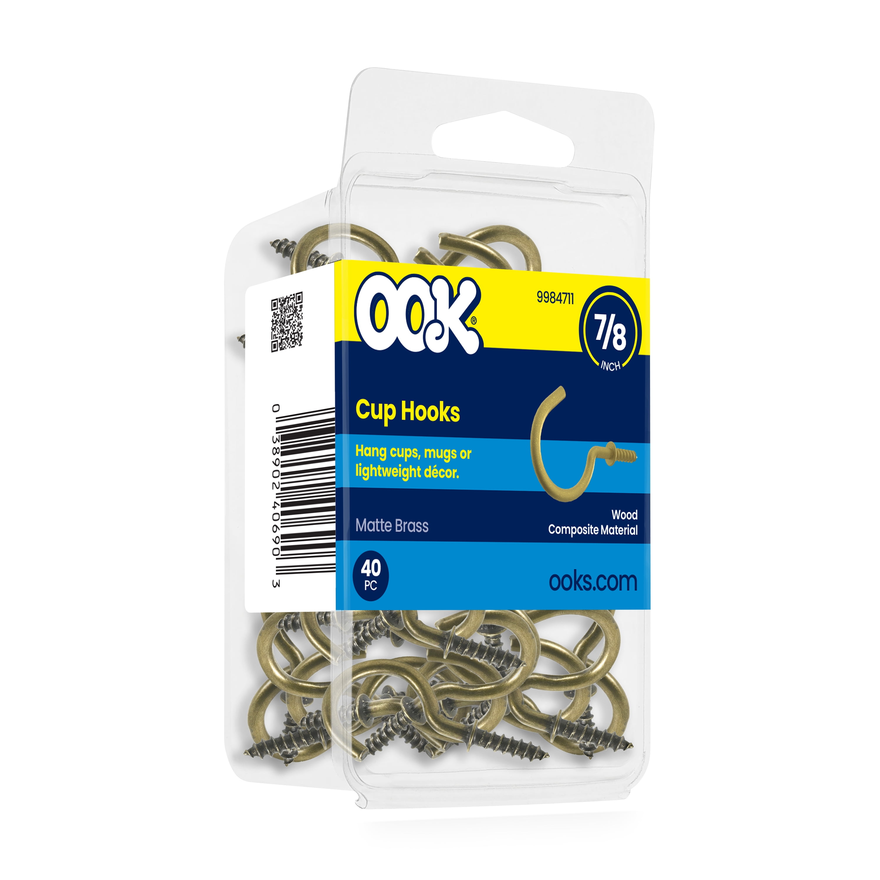 Ook Cup Hooks, 7/8", 0.5 lbs, Screw Hooks, Steel, Matte Brass, 40 pack